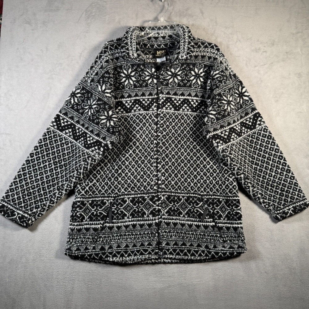 VTG Helly Hansen Jacket Womens M Black Fair Isle Deep Pile Fleece Full Zip USA